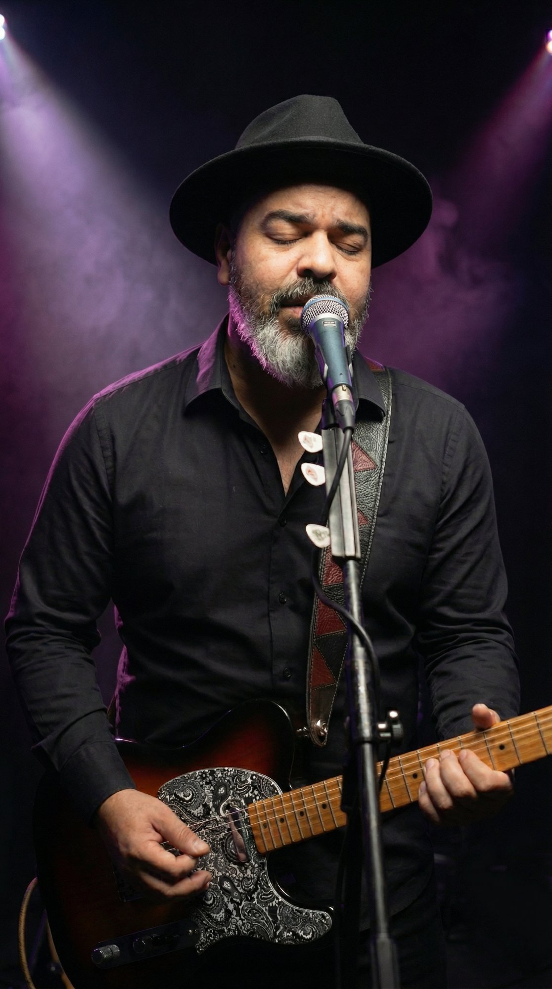 Solo acoustic guitarist and singer performing on stage with professional lighting